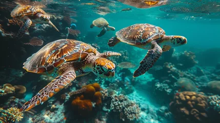 Schilderijen op glas Marine biology Sea turtles swim near coral reef in underwater world © Yuchen