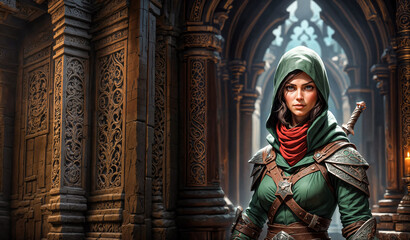 female assassin in a temple