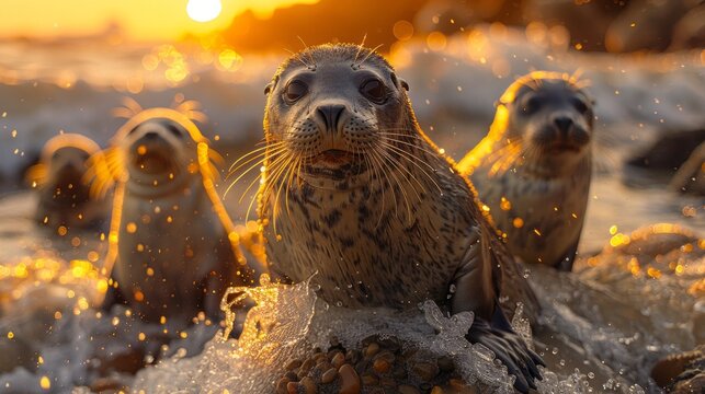 Seals happily playing at sunset in the water, with bird of prey flying overhead