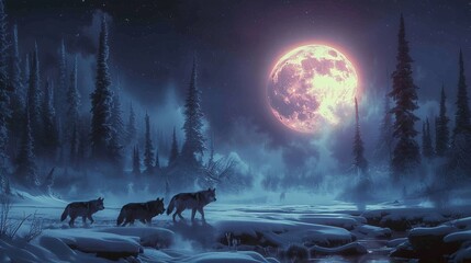 Three wolves stroll through snowy landscape under full moon - obrazy, fototapety, plakaty