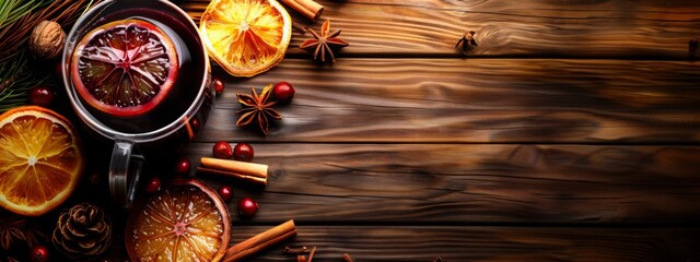 Top view of a Glass of mulled wine on wooden background with copy space. Warming red wine drink. Glass of hot red wine with spices, orange slice, cinnamon stick and anise stars. Mulled wine background - obrazy, fototapety, plakaty