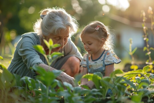 A clear bright image of a grandmother and grandchild planting in the garden