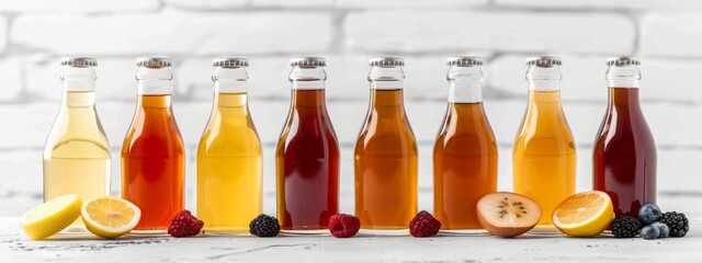 Bottled kombucha tea. Set of glass bottles with filtered kombucha drinks made of yeast, sugar and tea with addition of fruits and berries for different tastes. Fermented tea or tea kvass banner - obrazy, fototapety, plakaty