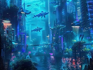 Aquatic Metropolis with Sharks