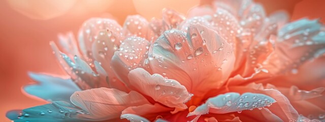 Big peach fuzz peony with raindrops shimmer. Pastel petals with dewy radiance. Soft floral background in peach colors with morning dew glow, ethereal peony flower close up - obrazy, fototapety, plakaty