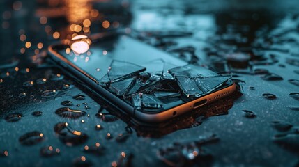 Image of shattered smartphone lying on a wet surface. - obrazy, fototapety, plakaty