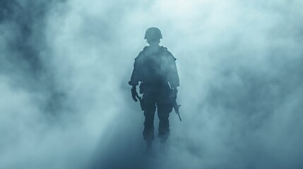 Fototapeta premium Image of soldier clad in full combat gear, enveloped by the thick mist of fog.