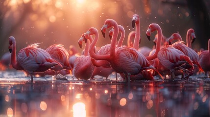 A group of Greater flamingos with magenta plumage stand in the water at sunset