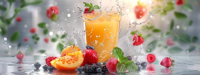 Drink for immunity. Immune booster antivirus drink with vitamin C fruits and berries. Glass of juice with liquid splash, immunity protection in virus season. Natural medicine concept.  - obrazy, fototapety, plakaty