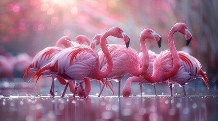 A group of Greater flamingos wading in the water in their natural landscape - obrazy, fototapety, plakaty
