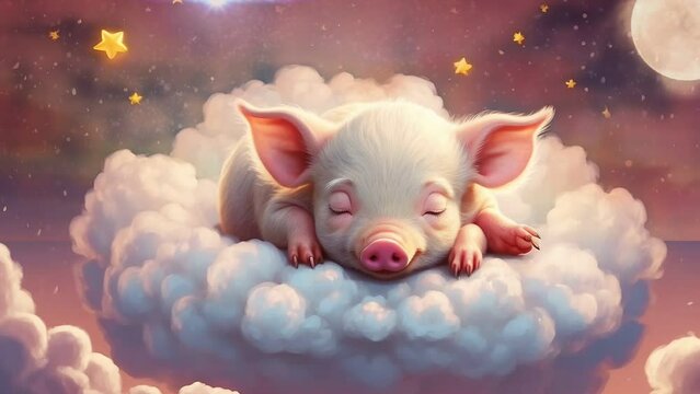 piglets are sleeping on starry clouds, seamless looping 4k animation video background 