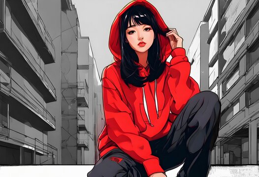 Hop hop Fashion Girl with red hood jacket posing on Monochrom cityscape in long-shot