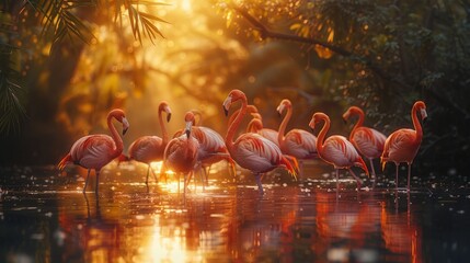 A flock of greater flamingos stand in the water at sunset