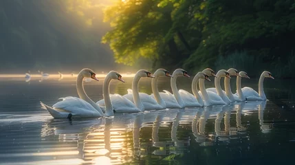 Foto op Plexiglas Swans gracefully glide through the liquid as the sun sets over the tranquil lake © Yuchen