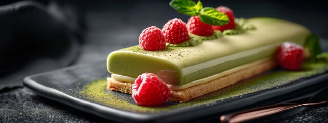 Creamy matcha cake with pistachio and vanilla layers on dark background, close-up. Sweet food concept. Matcha pistachio dessert vith vanilla cream. Matcha sweets garnished with raspberry and mint leaf - obrazy, fototapety, plakaty