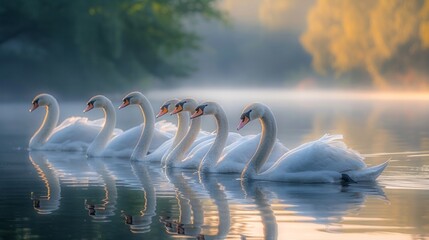 A line of swans gracefully glides across the lake