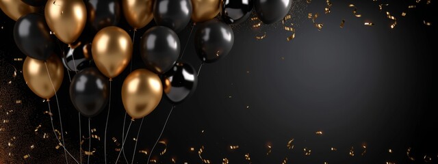 Black Friday or Happy Birthday banner with black and gold balloons. Festive celebrating background with golden and black balloons with serpentine on dark background with copy space