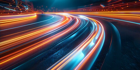 Fototapeta na wymiar Speed and technology advancement represented by futuristic blue and orange light streaks on a digital race track background. Concept Technology Advancement, Futuristic Design, Speed and Innovation