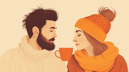 Fototapeta premium A minimalist illustration of a couple in cozy morning wear sharing a cup of coffee