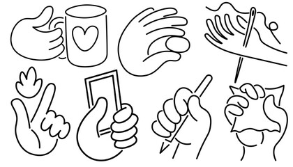 set of isolated linear icons hands gestures in doodle style in vector. icon template for app logo sticker poster print design