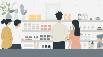 Fototapeta na wymiar A minimalist illustration of a family grouped together looking at products on a shelf