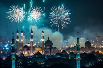 Fototapeta na wymiar Eid Celebration with Fireworks Display