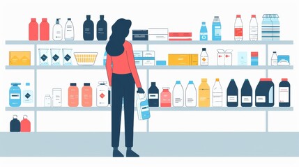 A minimalist illustration of an employee wiping shelves with a disinfectant - obrazy, fototapety, plakaty