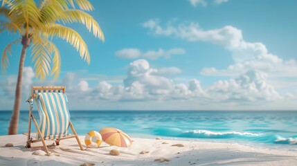 Fototapeta na wymiar A 3D-rendered scene portrays a summer beach vacation setting against a blue background, evoking the essence of summer leisure