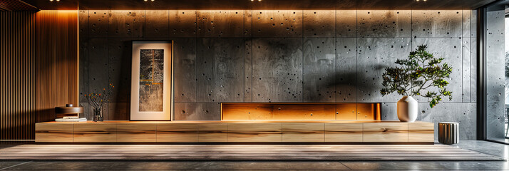 Minimalist Modern Interior with Concrete Textures and Wooden Accents, Stylish and Spacious Room