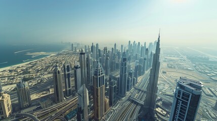 Naklejka na ściany i meble A bird's eye view of Dubai city during the day reveals a majestic cityscape with modern buildings, showcasing the city's development