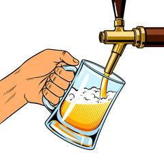 Beer pours into glass from beer tap pop art PNG illustration with transparent background