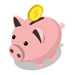 Piggy bank and gold coin isometric PNG illustration with transparent background