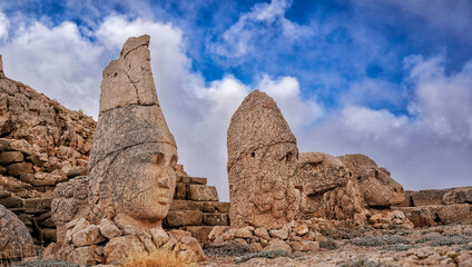 Antique ruined statues on Nemrut mountain in Turkey. ancient Kingdom of Commagene in south east Turkey.