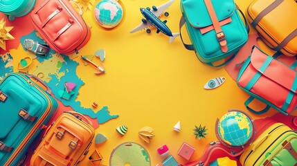 A colorful banner filled with travel and tourism elements like backpacks, suitcases, maps, and globes, along with space for text, serves as a vibrant background for summer holiday themes