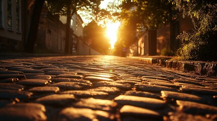 Image of sun shining on a cobblestone street.