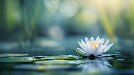 Image of water lily floating on the surface of calm water. - obrazy, fototapety, plakaty