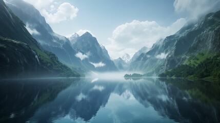 Lake among majestic mountains. - obrazy, fototapety, plakaty