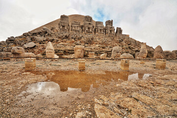 Antique ruined statues on Nemrut mountain in Turkey. ancient Kingdom of Commagene in south east Turkey.