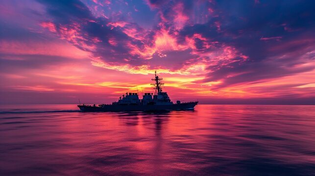 Image of warship sailing through the vast ocean at sunset.