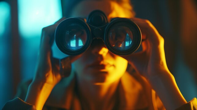 Image of woman peering through binoculars.