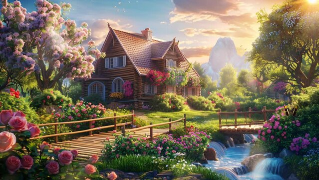 Beautiful garden house with serene stream flowing through peaceful landscape. Seamless Looping 4k Video Animation