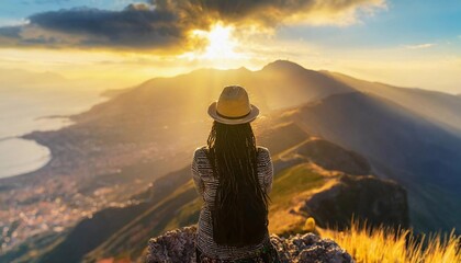 Woman with dreads sitting on top mountain, spectacular golden light, panorama of blurred mountain...