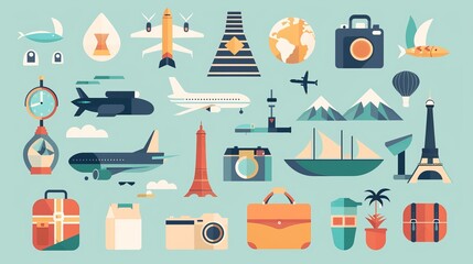 A flat design icon set for travel showcases various symbols associated with travel and exploration, simplifying the concept into easily recognizable elements