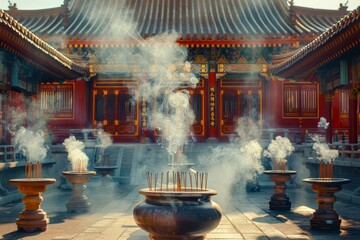 Tranquil Ancient Chinese Temple with Incense Smoke, Traditional Architecture and Ornate Decor