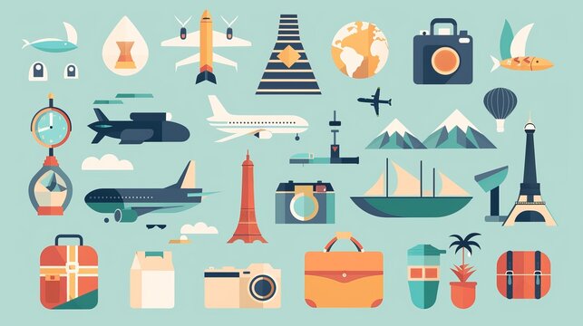 A flat design icon set for travel showcases various symbols associated with travel and exploration, simplifying the concept into easily recognizable elements