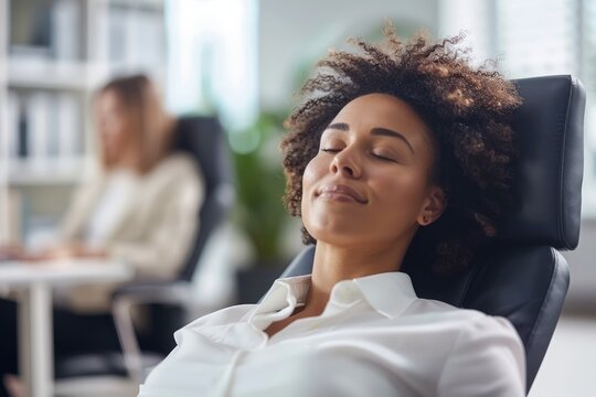 Serene African American Woman Relaxing at Work with Eyes Closed, Co worker in Background