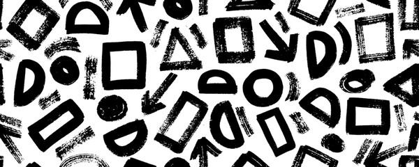 Seamless pattern with basic brush drawn geometric shapes. White background with geometric figures like circles, triangles, squares and wavy lines. Abstract  vector seamless pattern.