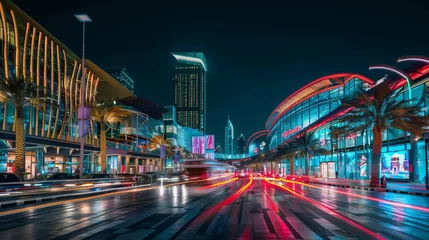 Foto op Plexiglas A nighttime scene in Dubai downtown reveals the city's stunning modern architecture and vibrant lights, symbolizing luxury travel and tourism in the UAE © Orxan
