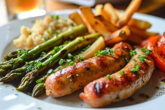 Delicious grilled sausage meal with vegetables and fries on a plate