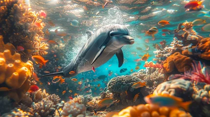 Keuken spatwand met foto A dolphin gracefully swims near a coral reef in the underwater world © Yuchen